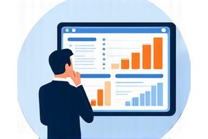 Illustration d'une personne réfléchissant devant un tableau de bord financier simplifié, avec des symboles de progrès et de clarté.