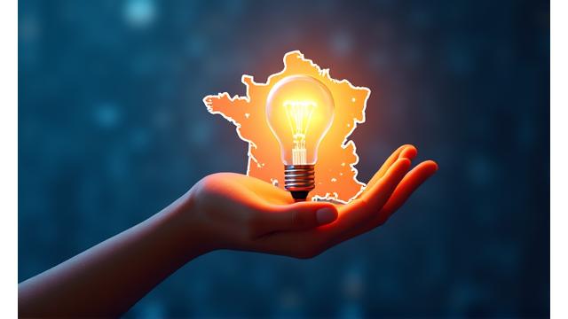 Une main tendue tenant une ampoule allumée au-dessus d'une carte stylisée de la France, symbolisant l'éducation financière illuminant le pays, avec des graphiques de croissance financière en arrière-plan.