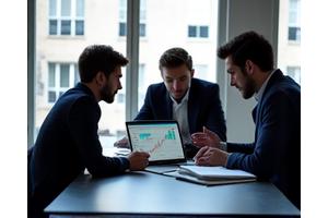 Groupe de jeunes professionnels diversifiés, penchés sur un écran affichant des schémas financiers et un prototype d'interface utilisateur, dans un espace de coworking lumineux à Paris.