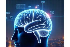 Une visualisation 3D futuriste d'un cerveau numérique lumineux connectant divers symboles financiers et éducatifs, sur un fond de carte de circuit imprimé et d'éléments parisiens.