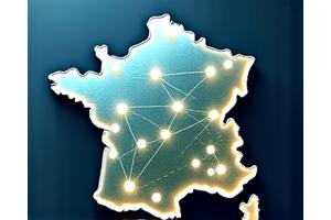 Représentation graphique de diverses entreprises serrant la main au-dessus d'une carte de la France, avec des logos de banques et d'universités stylisés, symbolisant des partenariats stratégiques.