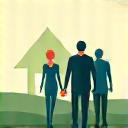 Illustration stylisée d'une famille heureuse se tenant la main, sur un fond verdoyant et un symbole de maison, représentant le soutien aux familles.