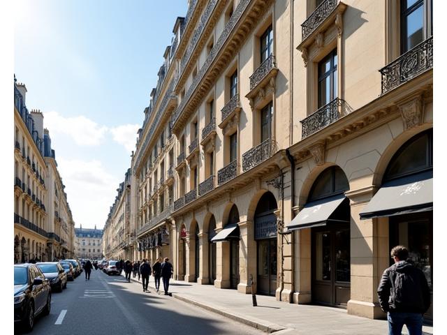 Vue extérieure élégante du bâtiment de Reflet Obscur au 17 Rue du Faubourg Saint-Honoré, Paris 8e, avec un drapeau français subtil.