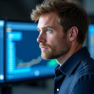 Portrait professionnel de Marc Dupont, Directeur Technique de Reflet Obscur, regardant pensivement un écran d'ordinateur, dans un datacenter stylisé.