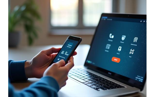 Gros plan sur une personne utilisant un smartphone et un ordinateur portable, symbolisant la communication moderne et l'accessibilité des contacts de Reflet Obscur.