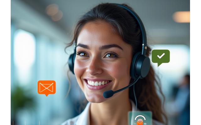 Une femme souriante au casque, entourée d'icônes de communication (téléphone, e-mail, chat), symbolisant le support multicanal et l'accueil chaleureux de Reflet Obscur.