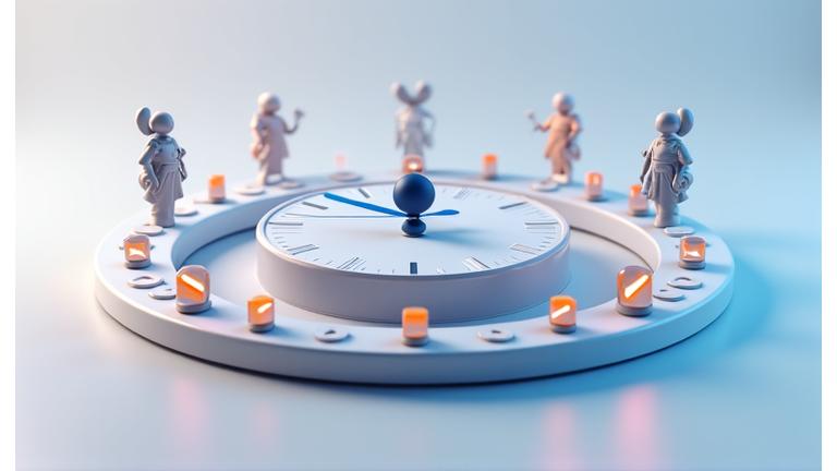 Illustration d'un service client efficace avec une horloge stylisée, des cases à cocher et un agent de support souriant, symbolisant la garantie de réponse rapide et la fiabilité de Reflet Obscur.