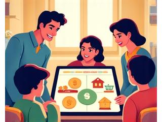 Illustration ludique d'une famille gérant un budget sur une tablette, avec des icônes de dépenses et d'économies