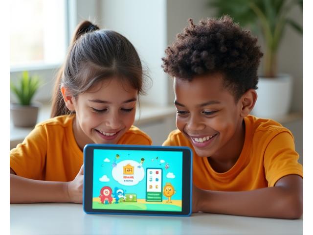 Groupe d'enfants souriants apprenant avec une tablette montrant des personnages de dessin animé liés à l'argent et au budget