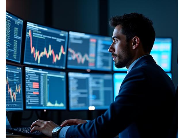 Professionnel analysant plusieurs écrans affichant des données boursières complexes et des stratégies d'investissement avancées