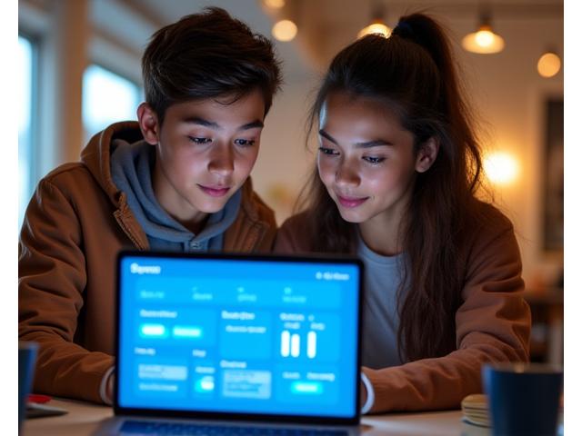 Jeunes adolescents interagissant avec un écran affichant une application de budget personnalisée et des conseils d'investissement