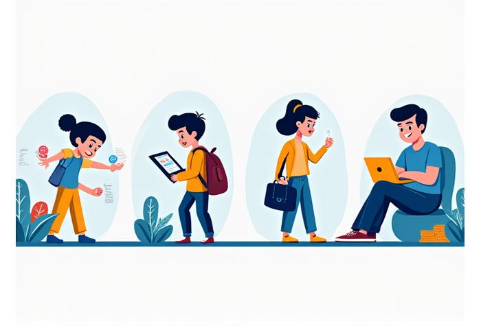 Différents personnages de dessins animés représentant des enfants, des adolescents et des adultes, chacun devant une interface de jeu financière adaptée à son âge.