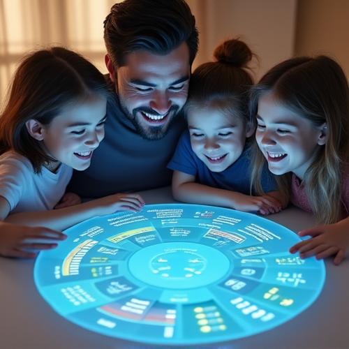 Famille riant et interagissant autour d'un tableau de bord ludique affichant des objectifs d'épargne et des récompenses virtuelles.
