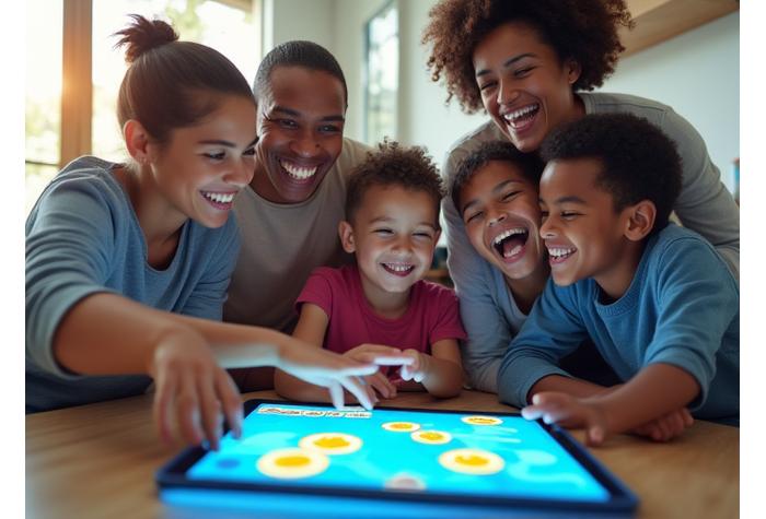 Famille joyeuse jouant à un jeu éducatif sur une tablette, symbolisant l'apprentissage financier ludique avec Reflet Obscur.