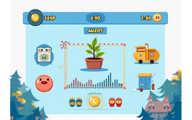 Capture d'écran d'un jeu financier interactif, affichant des points, badges et objectifs de niveau.