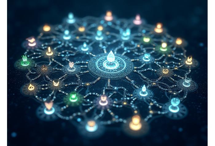 Arbre de compétences financières avec des nœuds lumineux représentant des compétences débloquées et des chemins vers de nouvelles connaissances.