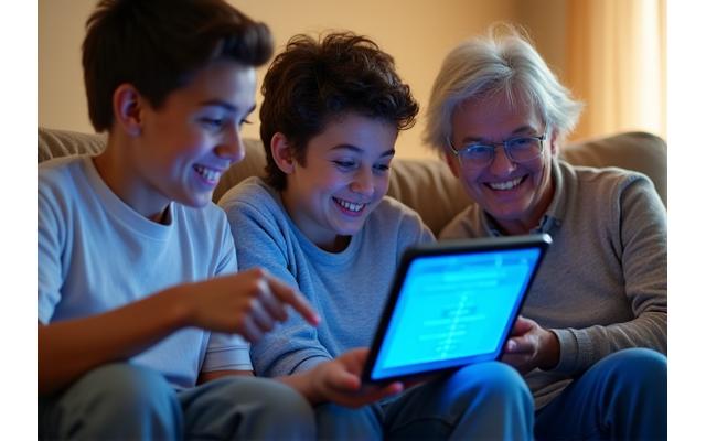 Trois amis ou membres de la famille souriants, jouant ensemble sur des écrans partagés, encourageant l'apprentissage collaboratif.