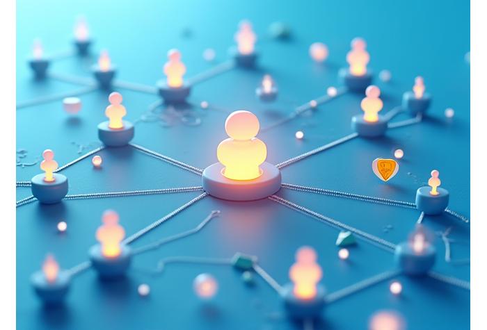 Réseau d'utilisateurs connectés, avec des icônes de chat, de partage et de compétition, symbolisant une communauté d'apprentissage dynamique.