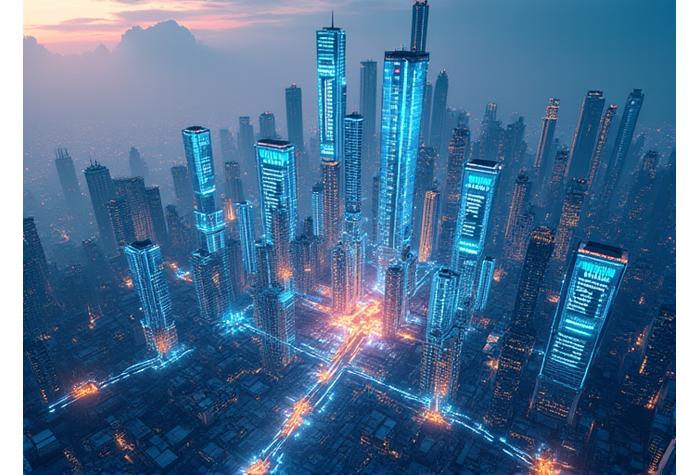 Vue aérienne d'une ville virtuelle dynamique avec des graphiques de progression financière flottant au-dessus des bâtiments.