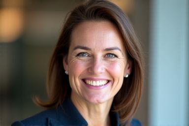 Portrait souriant d'Amélie Dupont, conseillère financière expérimentée.