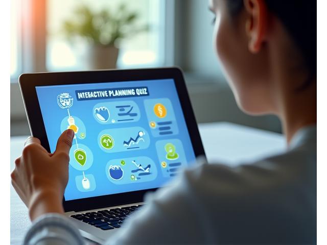 Un individu engageant des éléments interactifs d'un quiz en ligne sur une tablette, autour d'icônes représentant des domaines financiers comme l'investissement, l'épargne et la retraite. Des graphiques de croissance financière flottent en arrière-plan.