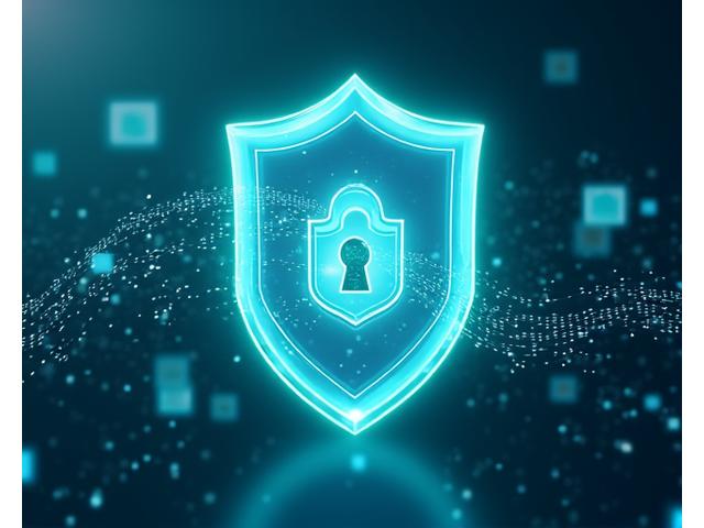 Illustre la conformité RGPD avec des symboles de protection de données, un cadenas et des icônes de certification dans un style numérique moderne.