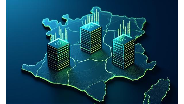 Vue schématique d'une triple sauvegarde de données sur trois data centers français géographiquement distincts, avec des flèches symbolisant la synchronisation en temps réel.