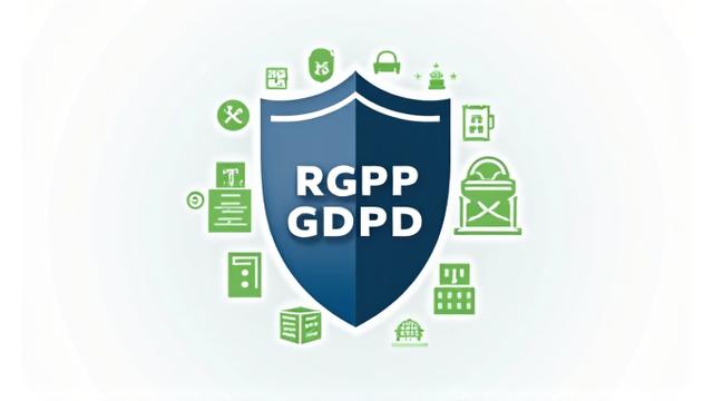 Illustration d'un bouclier de protection avec le logo RGPD et des signets représentant la conformité, la transparence et le contrôle des données, le tout dans un cadre européen.