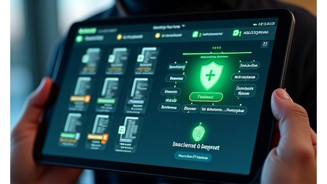 Interface d'un coffre-fort numérique Reflet Obscur avec indicateurs de sécurité visuels, montrant des documents chiffrés et organisés.