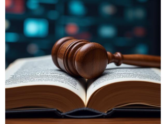 Un maillet de justice posé sur un livre de loi ouvert, avec un arrière-plan flou de symboles numériques, symbolisant la protection de la propriété intellectuelle.