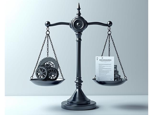 Une balance de justice stylisée avec des engrenages mécaniques, symbolisant l'équilibre entre responsabilité et les limites des services.
