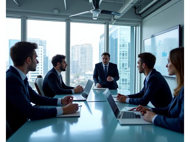 Groupe de professionnels en tenue d'affaires participant à une session de formation en entreprise, engageant avec un formateur.