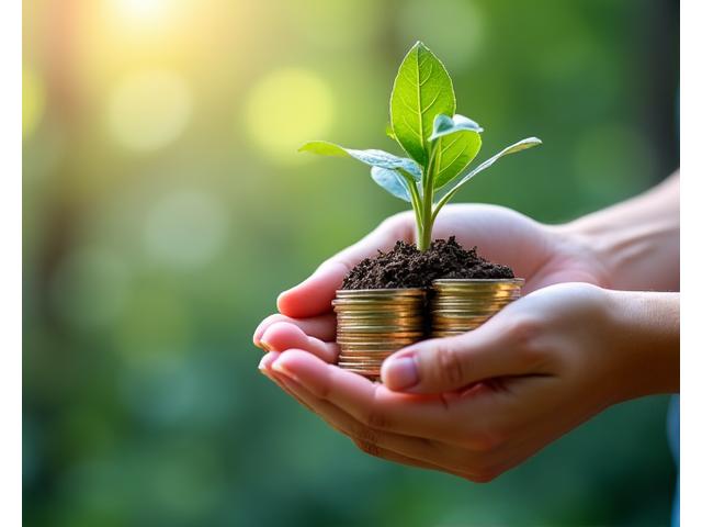 Mains tenant une petite plante verte émergeant de pièces de monnaie, symbolisant la finance durable.