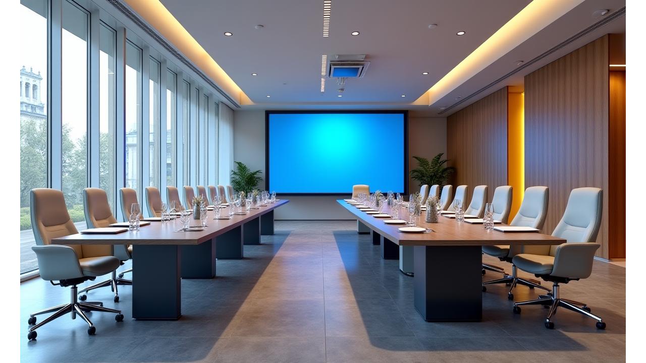 Vue moderne d'une salle de conférence lumineuse avec équipements high-tech à Paris, rue du Faubourg Saint-Honoré.